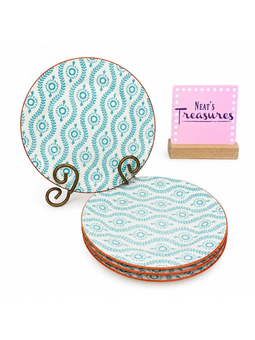 Baum TANGIER Turquoise White Tan Vines Dashes Stoneware Salad Lunch Plates Set 4